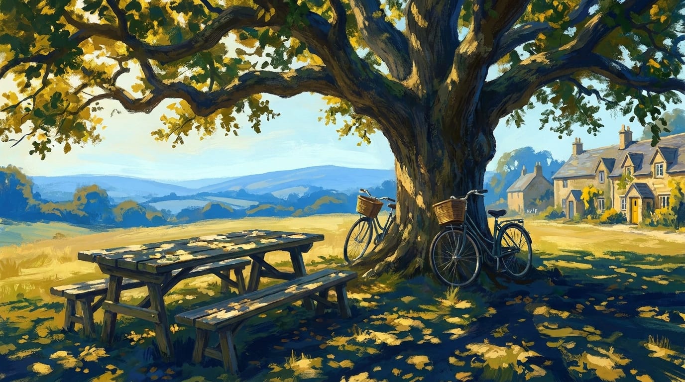 A painted village green under a great oak in low golden light, two bicycles leaning on the trunk beside a weathered picnic table, honey-coloured cottages and blue hills beyond