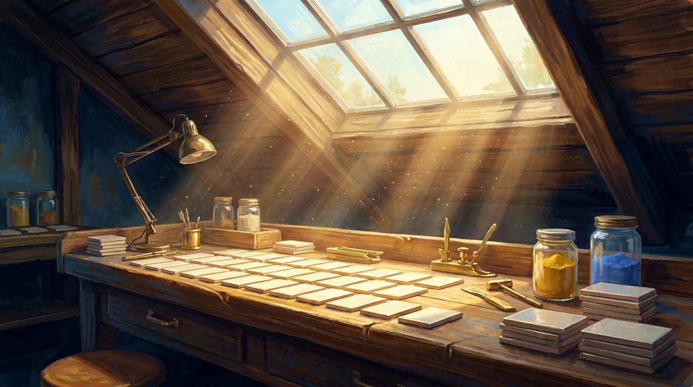 An attic workbench under a skylight with blank card stock laid out in neat rows beside jars of yellow and blue pigment
