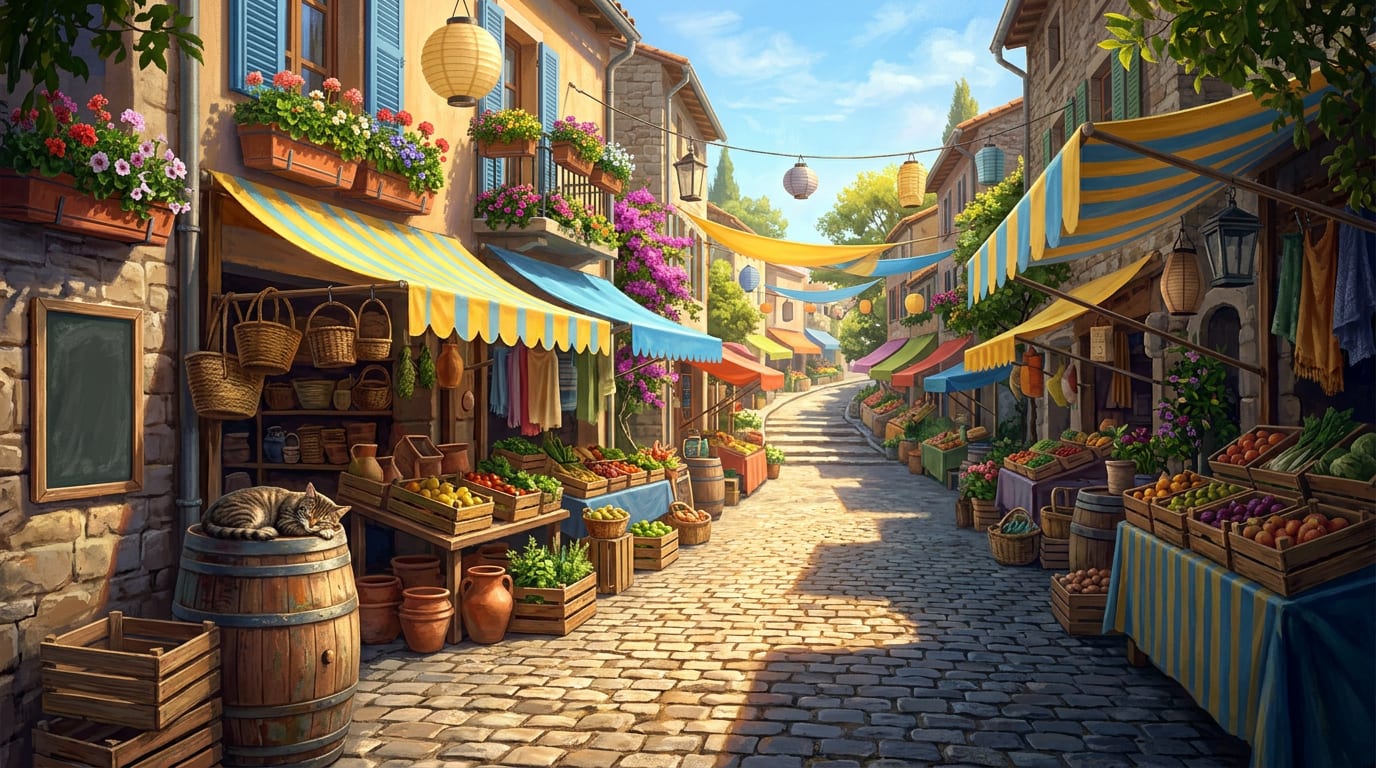 A cobbled market street under blue-and-yellow striped awnings, stalls of produce and baskets in bright morning sun