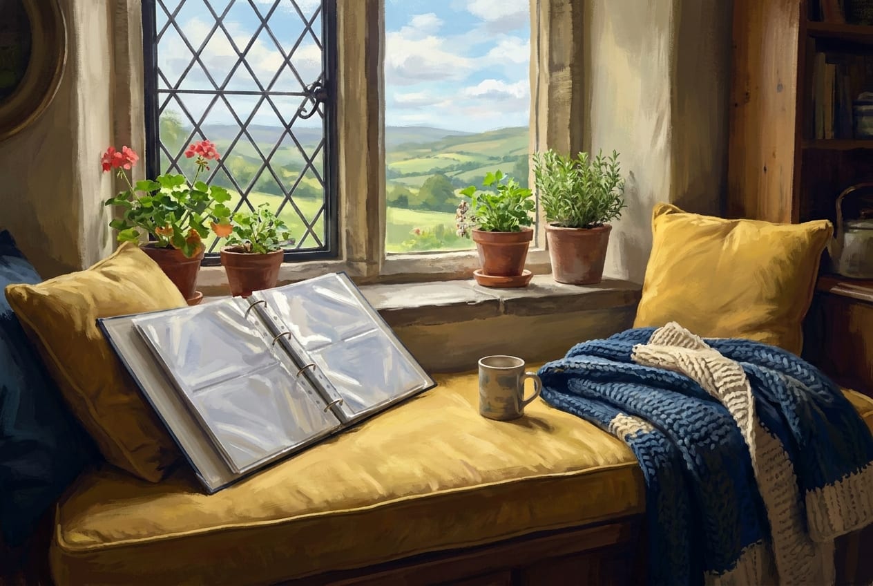 A painted window seat with an open ring binder of empty card sleeves resting on a yellow cushion, a mug and a folded blue blanket beside it, green hills through a leaded window