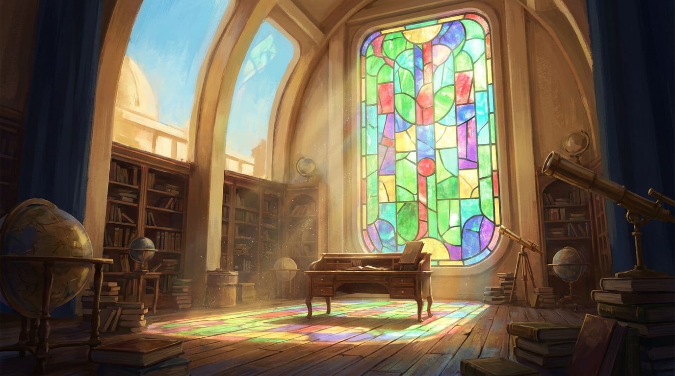 A sunlit reading room where a tall stained-glass window throws panels of coloured light across the floorboards and a writing desk