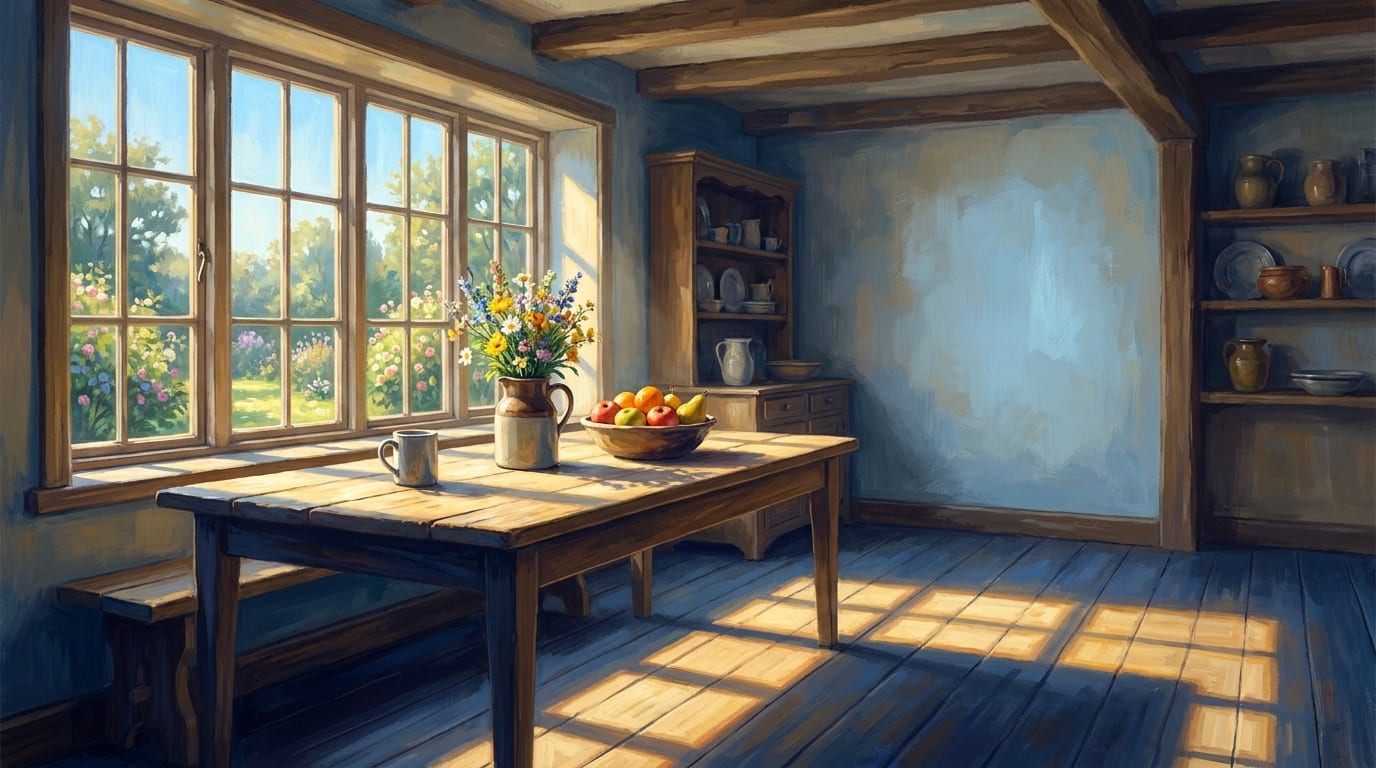 A painted farmhouse kitchen in full morning sun, a scrubbed table under a bank of windows with a jug of wildflowers, a bowl of fruit and a mug, squares of light falling across blue floorboards
