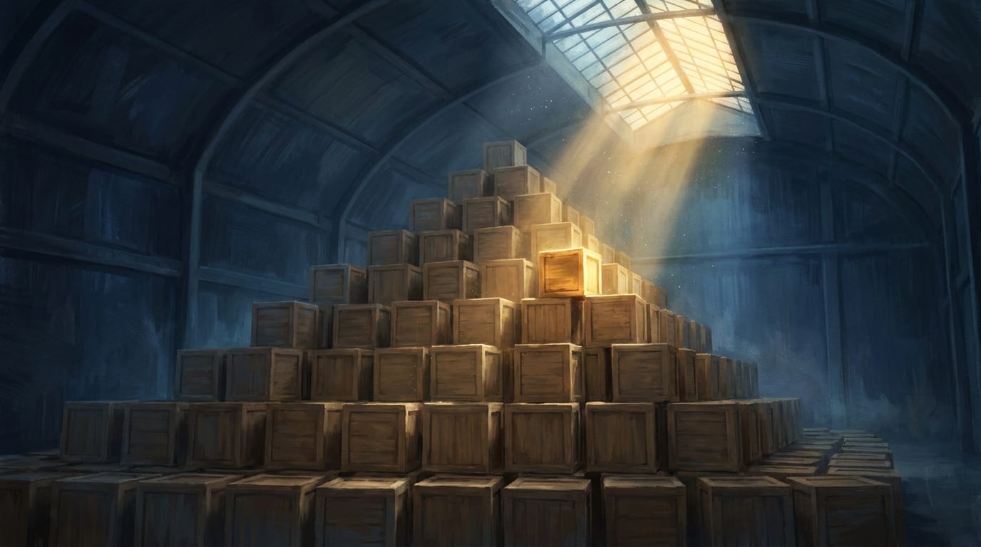 A warehouse pyramid of identical wooden crates with a single crate lit gold under a shaft of skylight
