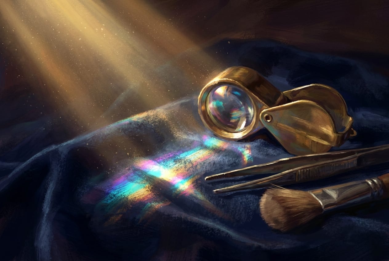 A jeweller's loupe, fine tweezers and a soft brush laid on dark blue cloth, with a shaft of gold light throwing a rainbow refraction across the fabric