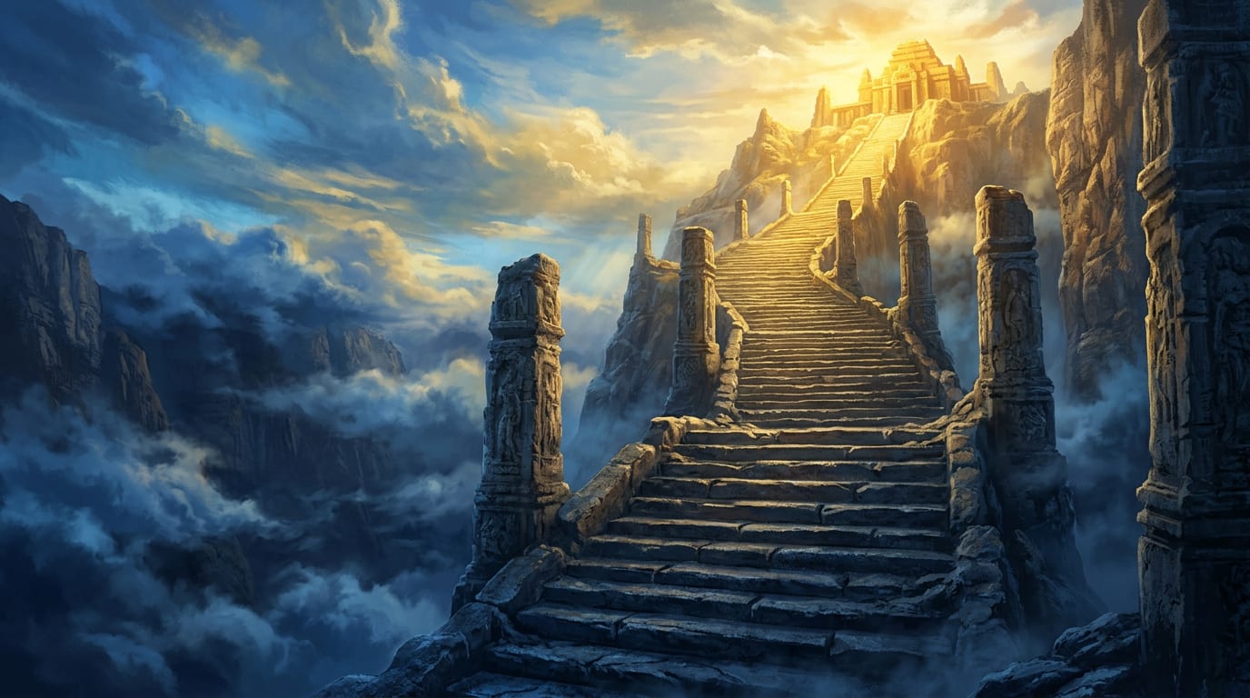 A carved stone stairway climbing out of cloud toward a gold-lit temple on the summit