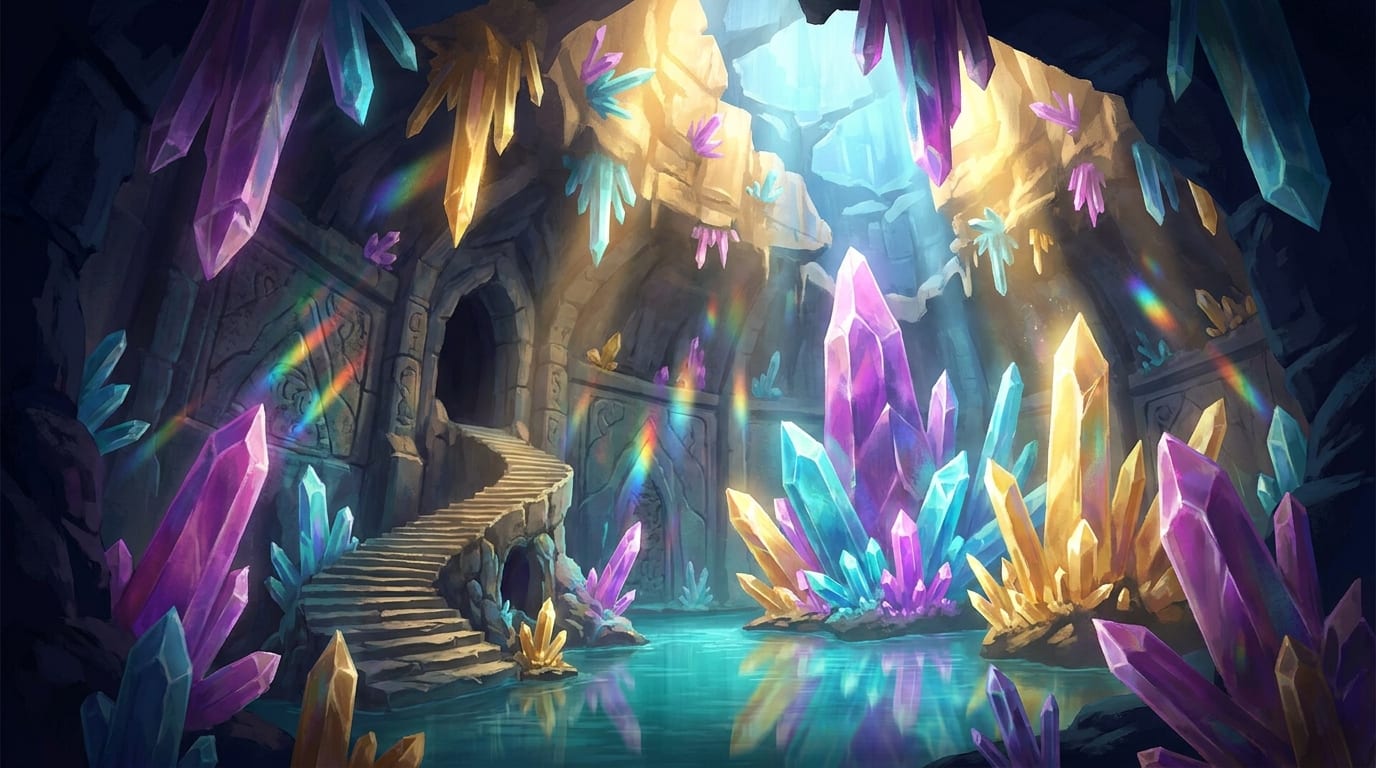 A cavern of luminous gold, violet and turquoise crystals throwing rainbow refractions across carved stone steps and a still pool