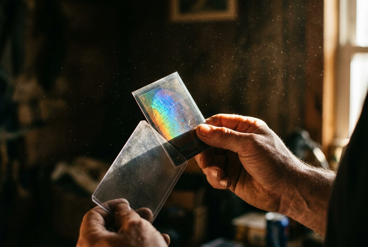 Ian sliding a holographic card out of a top-loader in a dusty shaft of window light