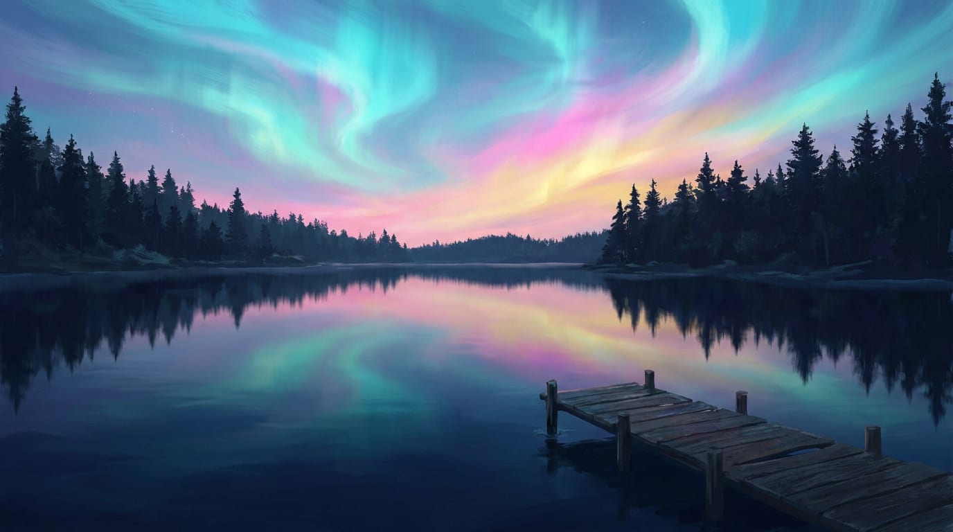 An aurora in pink, gold and turquoise burning over a still lake and an empty wooden jetty