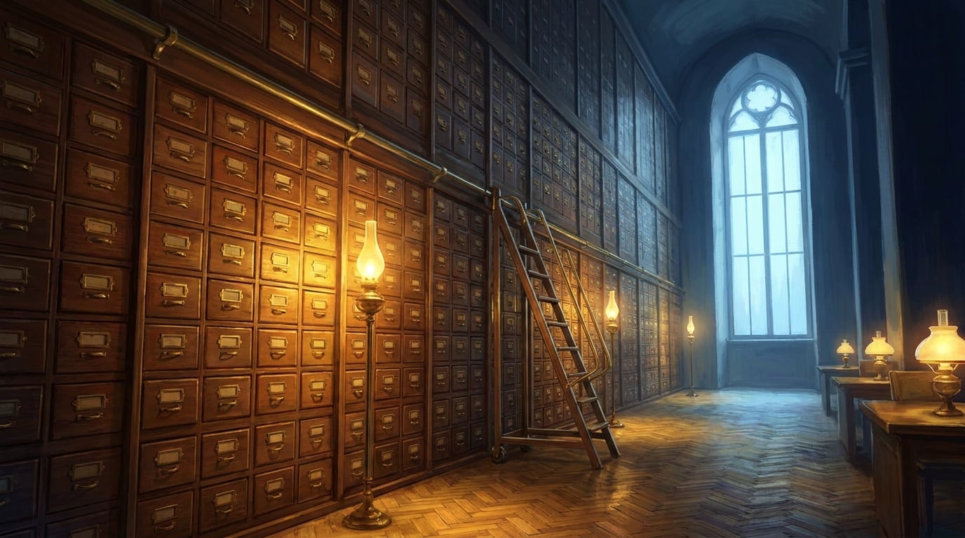 A lamplit archive hall lined floor to ceiling with labelled card-catalogue drawers and a rolling ladder