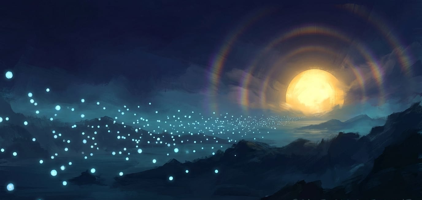A gold moon ringed by rainbow halos hanging over dark hills, with a long drift of pale blue lights streaming beneath it