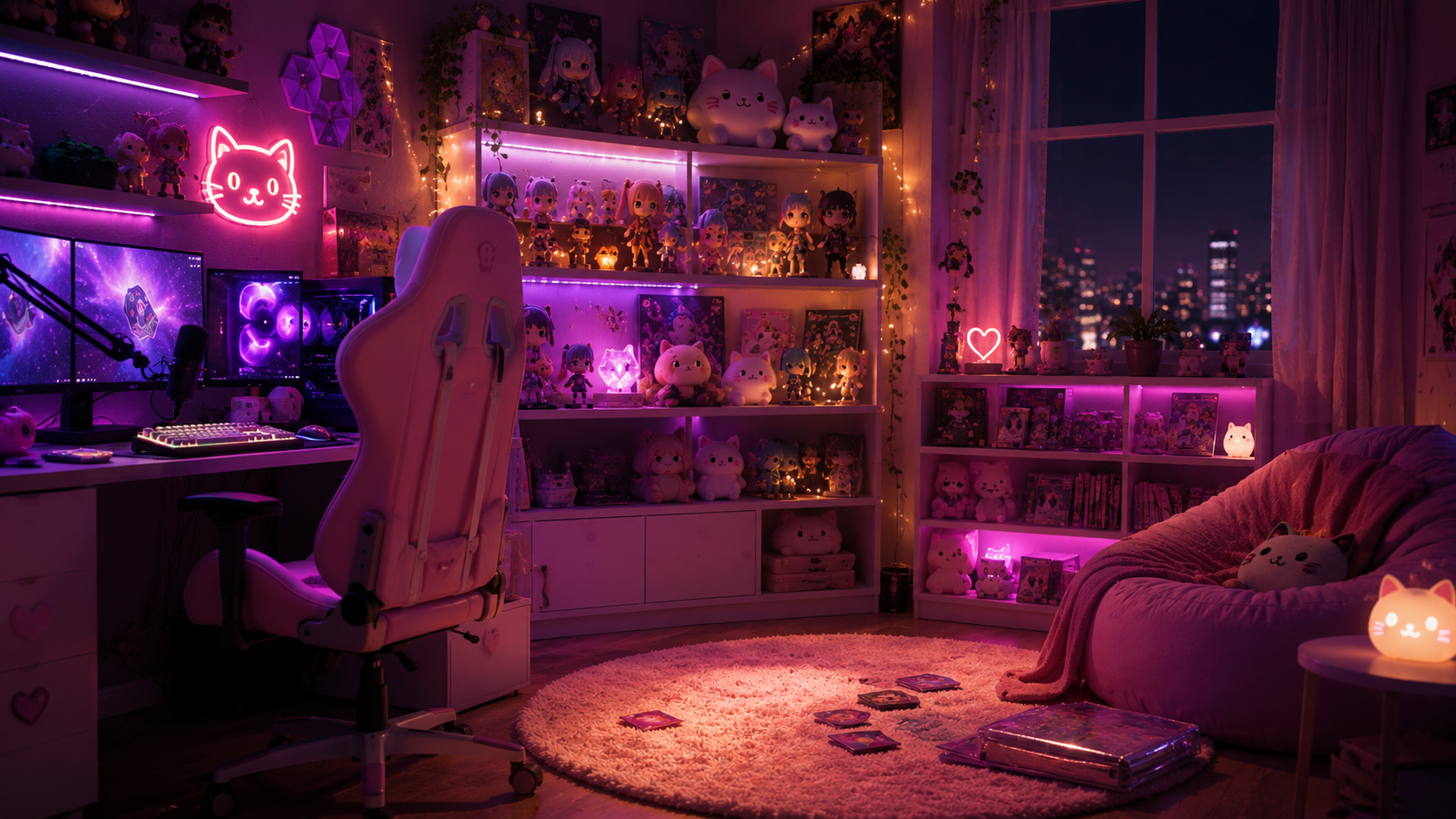 Poppy's room — neon cat sign, plush shelves, and a city window