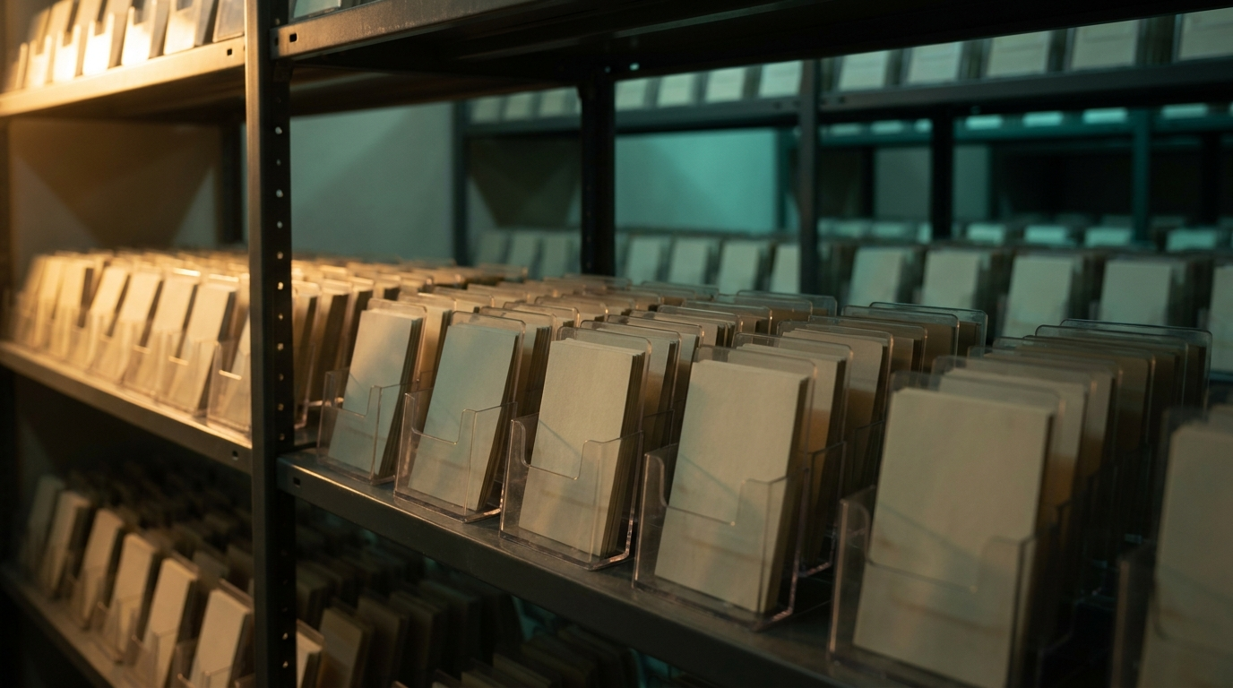 Racks of graded card holders standing in rows inside an archive room
