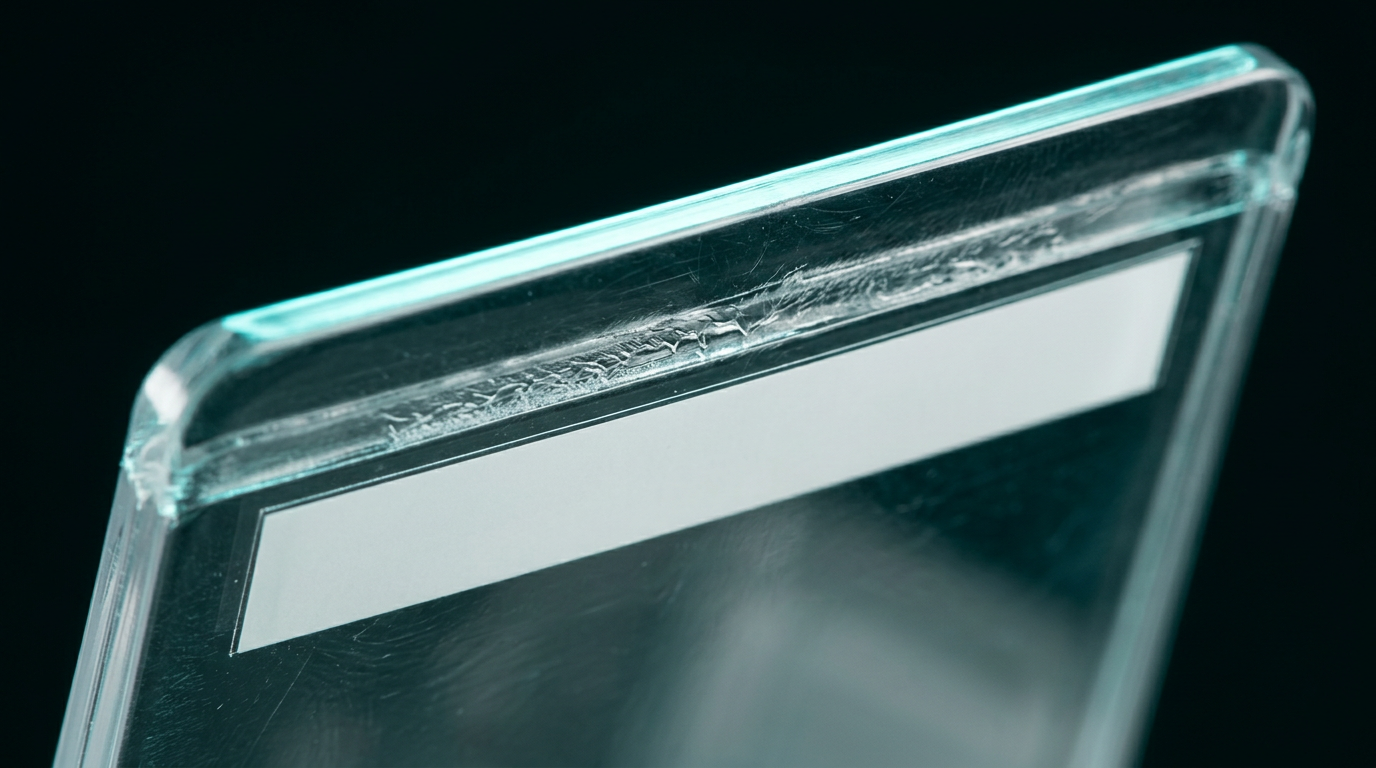 Macro of a sealed card holder, the blank label strip catching the light along its top edge