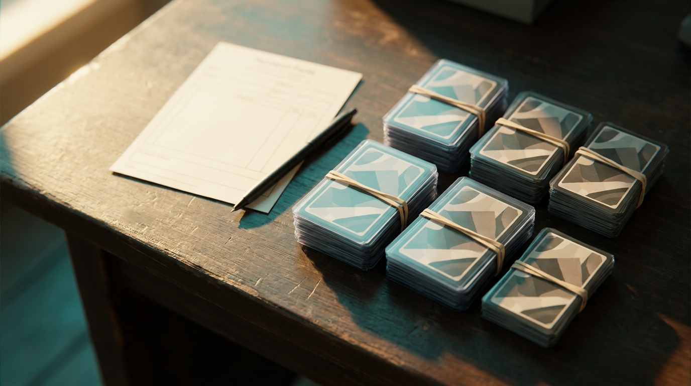 Cards bundled with rubber bands beside a blank submission form on a desk
