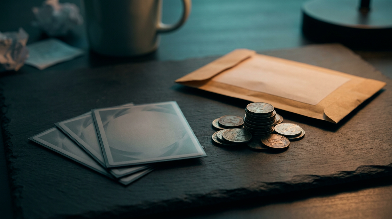Sleeved cards beside stacked coins and a shipping envelope