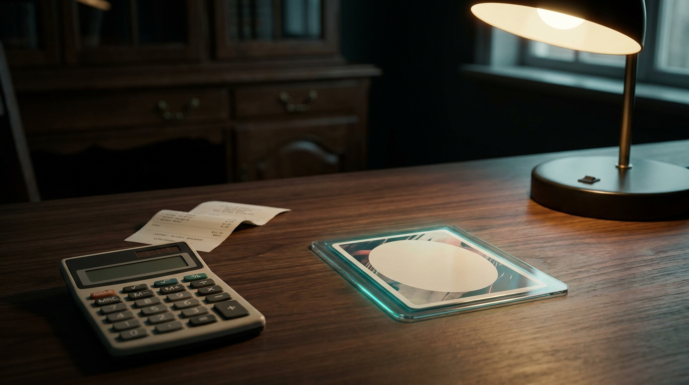 A single sleeved card on a desk beside a calculator and receipt under lamplight