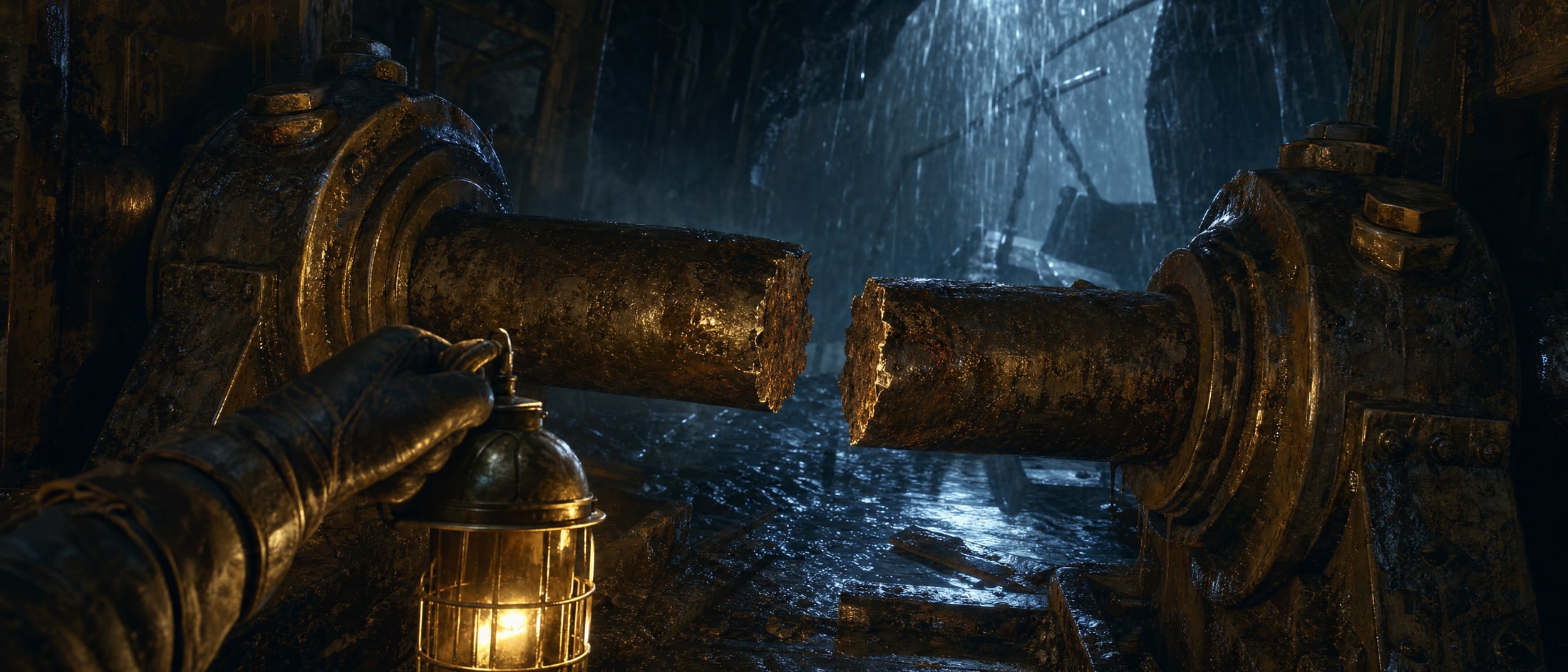 A heavy iron drive shaft in the underworks, snapped clean through and hanging in mid-air: both halves still held in their bearing housings and slightly out of line with each other, the fresh break faces bright against old grease and rust, rain driving past a dark opening behind them while a gloved hand sets down a lit brass lantern on the wet floor.