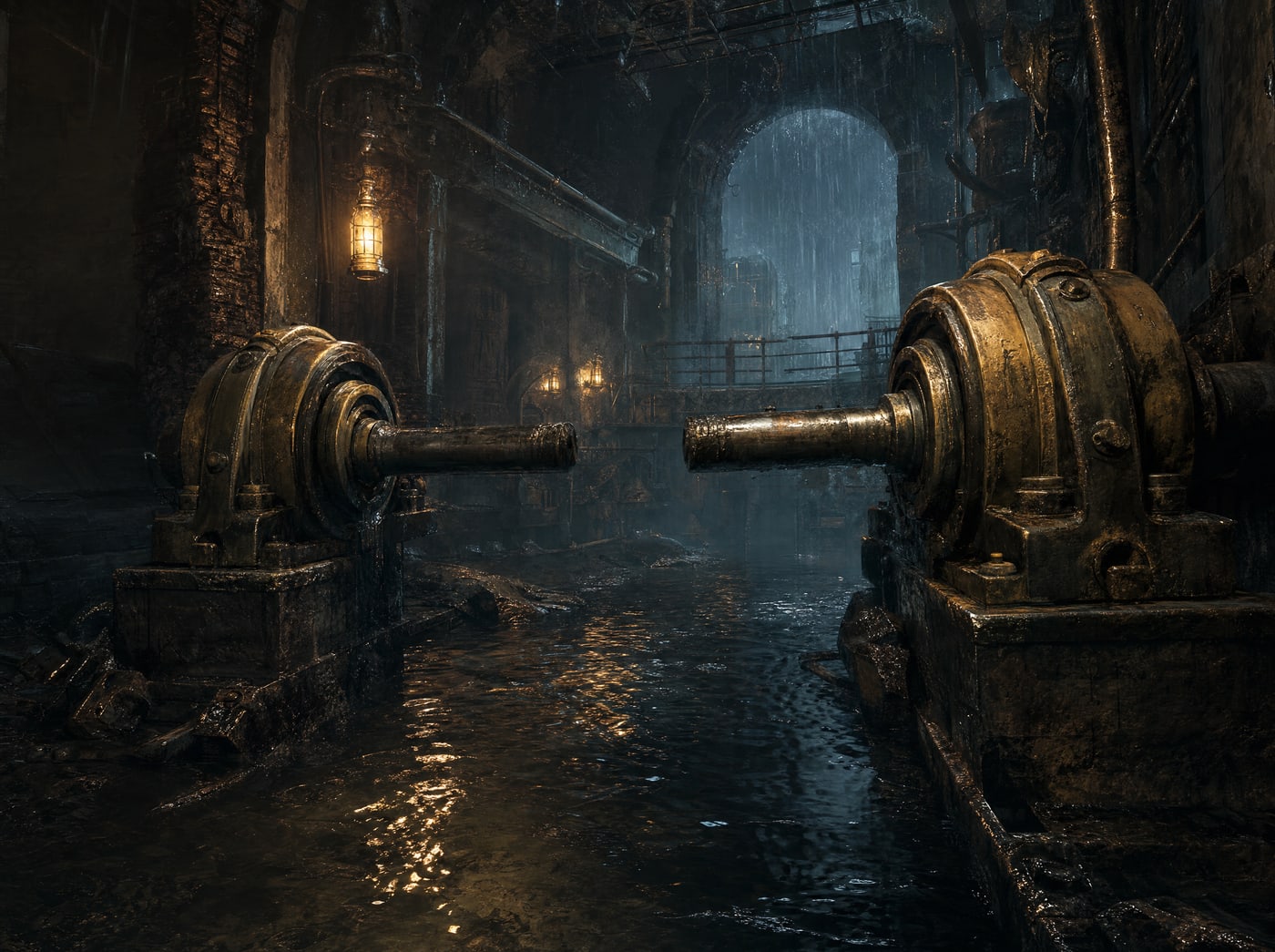 Two heavy bearing housings on opposite sides of a flooded channel, each still gripping one half of the broken shaft, the two stubs pointing at each other across the gap and no longer quite in line.