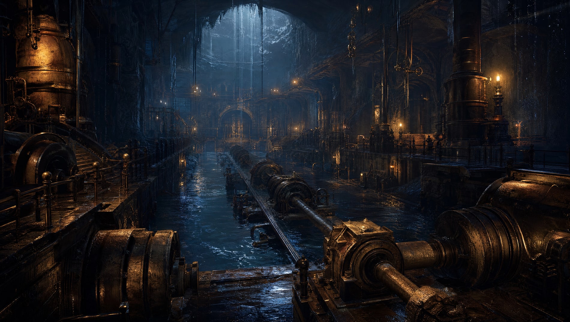 The full machine hall of the underworks seen end to end, the long stopped drive shaft running its whole length above a flooded channel, lamps burning small and far apart along the walls.