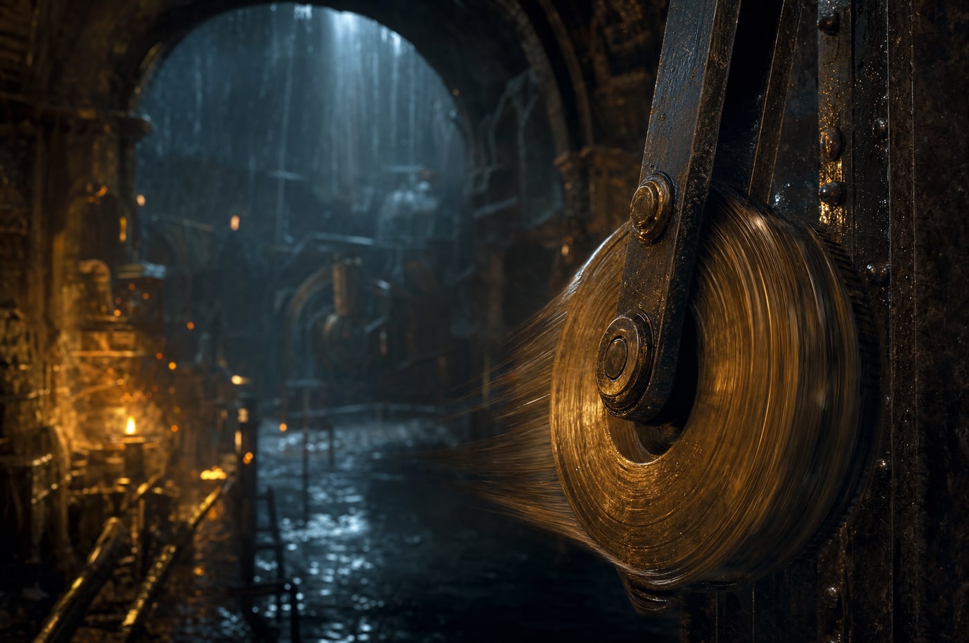 Close on a single brass governor weight at speed: the iron arm and its bolt are perfectly sharp while the weight itself has smeared into a bright circular arc of blurred metal.