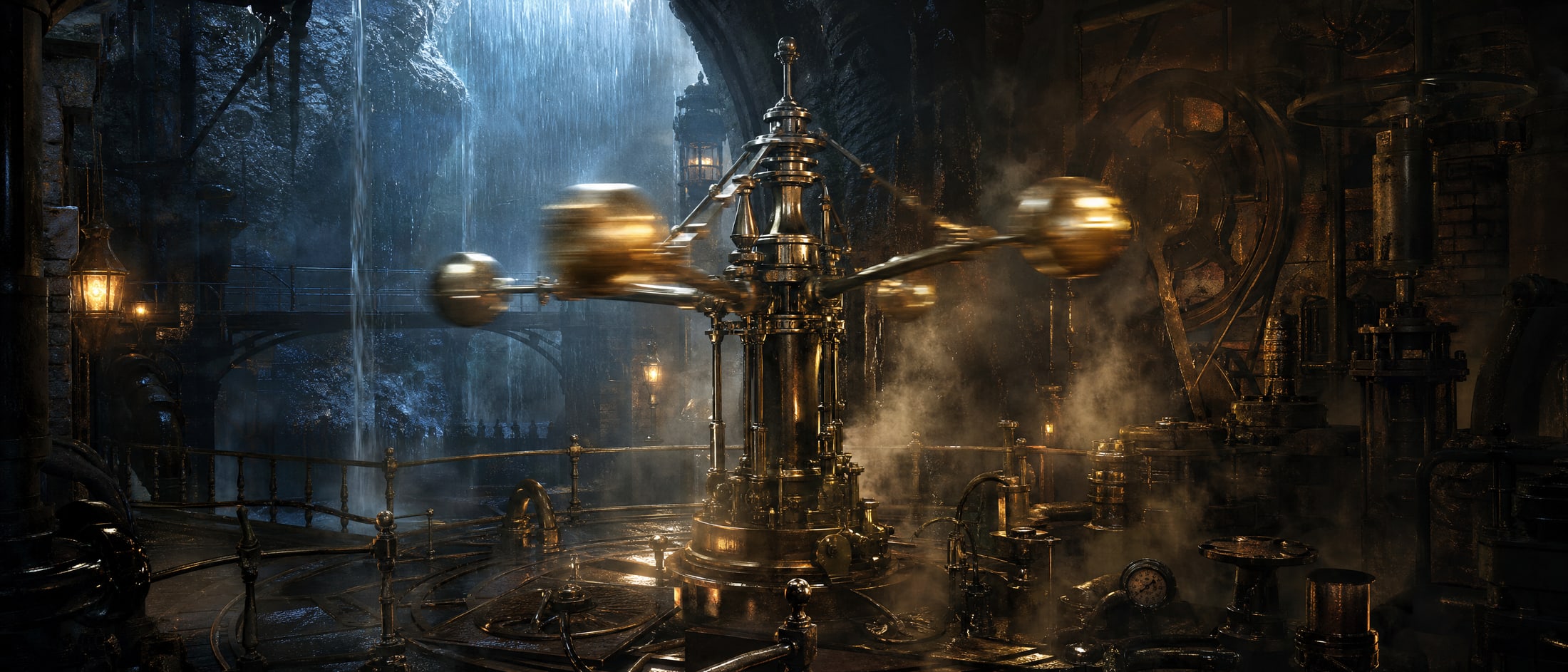 A tall brass centrifugal governor running at speed on a wet flagstone floor beneath the gate, its weighted arms flung fully out and blurred at the tips while the frame and column stay sharp, steam drifting past it and a waterfall falling through lamplight behind.