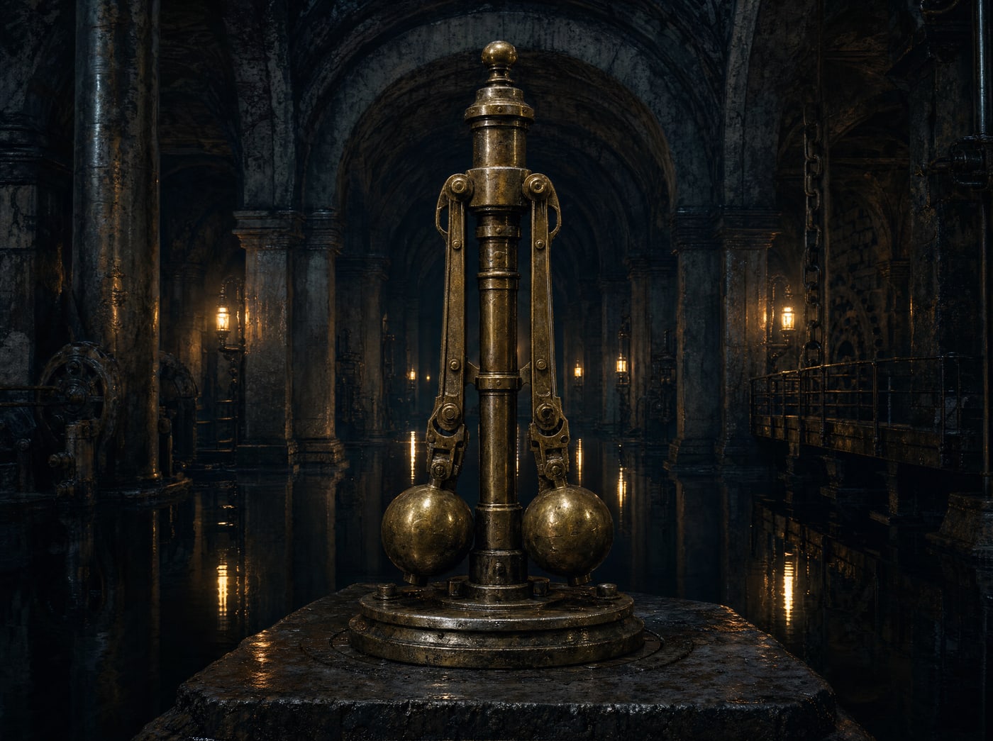 The same kind of governor standing motionless in a flooded underground hall, arms hanging straight down along the column, lamps reflected in dead-still black water.