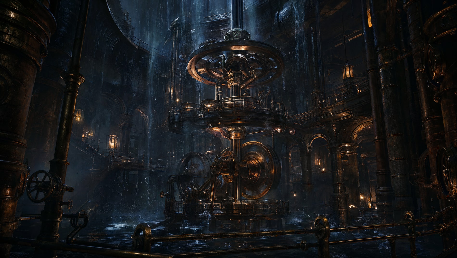 A cavernous machine hall with three great governors mounted on one vertical drive shaft, all of them turning, lamps burning on the galleries around them and rain falling through the roof.
