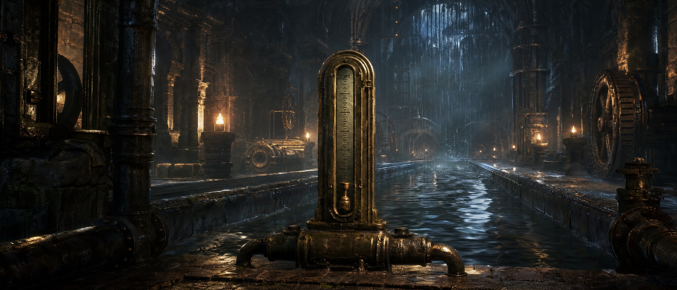 A long straight water channel running the length of a dark machine hall, a tall graduated brass flow gauge standing at its midpoint with the float sitting low in the glass, and lamps failing one after another away down the hall.