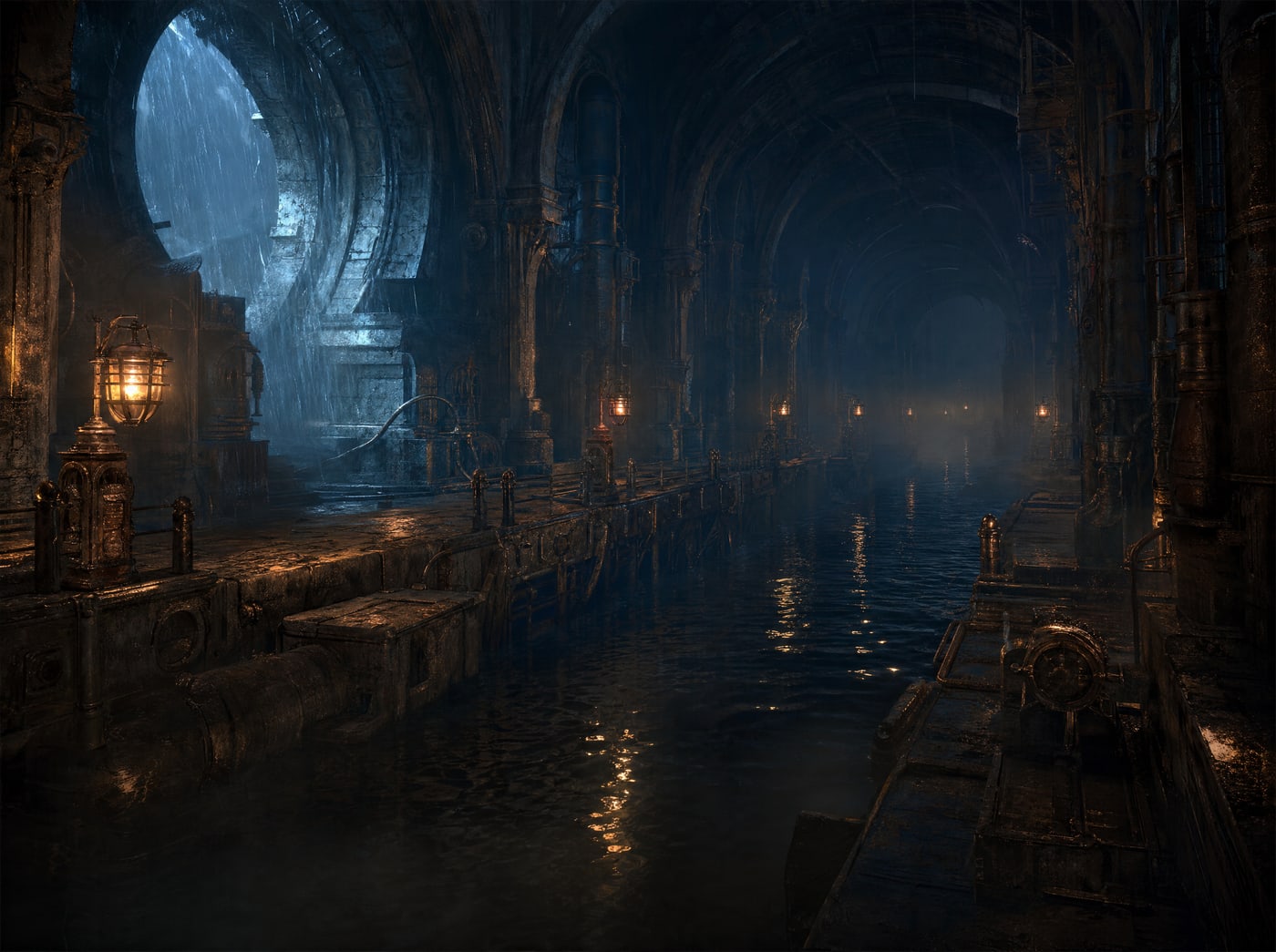 A long stone water channel running away into darkness, lamps along its edge failing one by one into the distance.